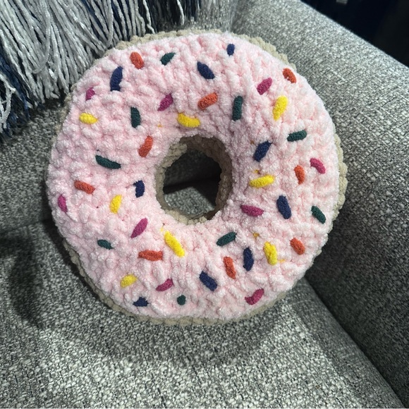 Strawberry glaze hand, knit, doughnut, pillow is soft and plush. Fat free! - Picture 6 of 6